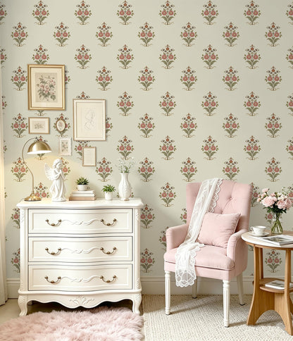 Vintage Floral Wallpaper Cottage Peel and Stick Wallpaper Retro Pink Flower Contact Paper for Cabinets Drawers Farmhouse Removable Self (Beige and Pink / 17.3" x 196.8")