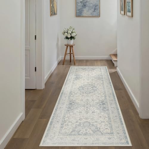 2x5 Blue Washable Runner Rug Non Slip Vintage Carpet (Vintage | Blue / 2' x 5' (Runner))