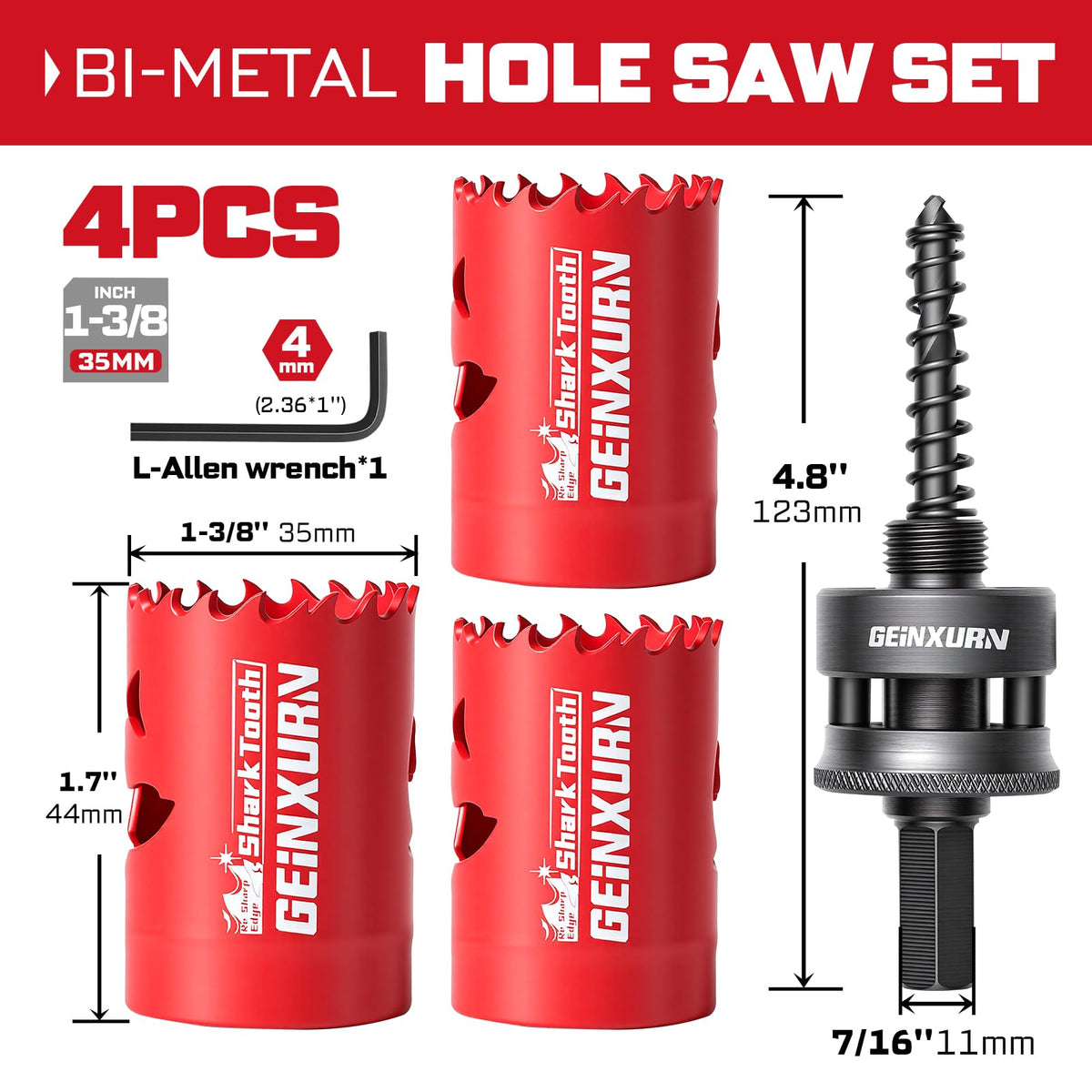 1-3/8 in(35mm) Hole Saw Set, HSS Bi-Metal Hole Cutter with Arbor and Hex Wrench, 5PCS Hole Saw Kit for Wood, Drywall, PVC Boards, Thin Metal & Plastic (5 PCS 1-3/8" Hole Saw Set)