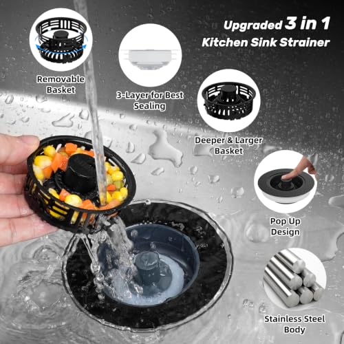 2 Pack 3 in 1 Kitchen Sink Drain Strainer (Black)