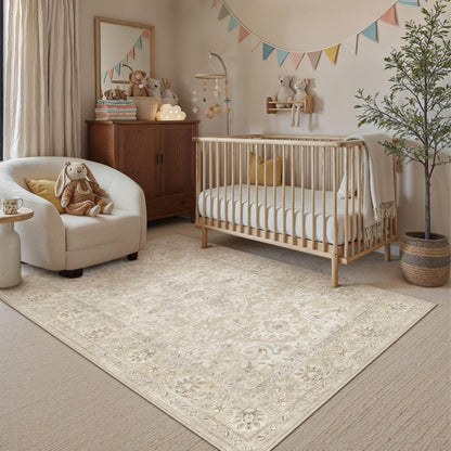 Beige Cream 3x5 Washable Area Rugs Vintage Indoor Carpet (E| Beige Cream / 3' x 5' (Rectangular))