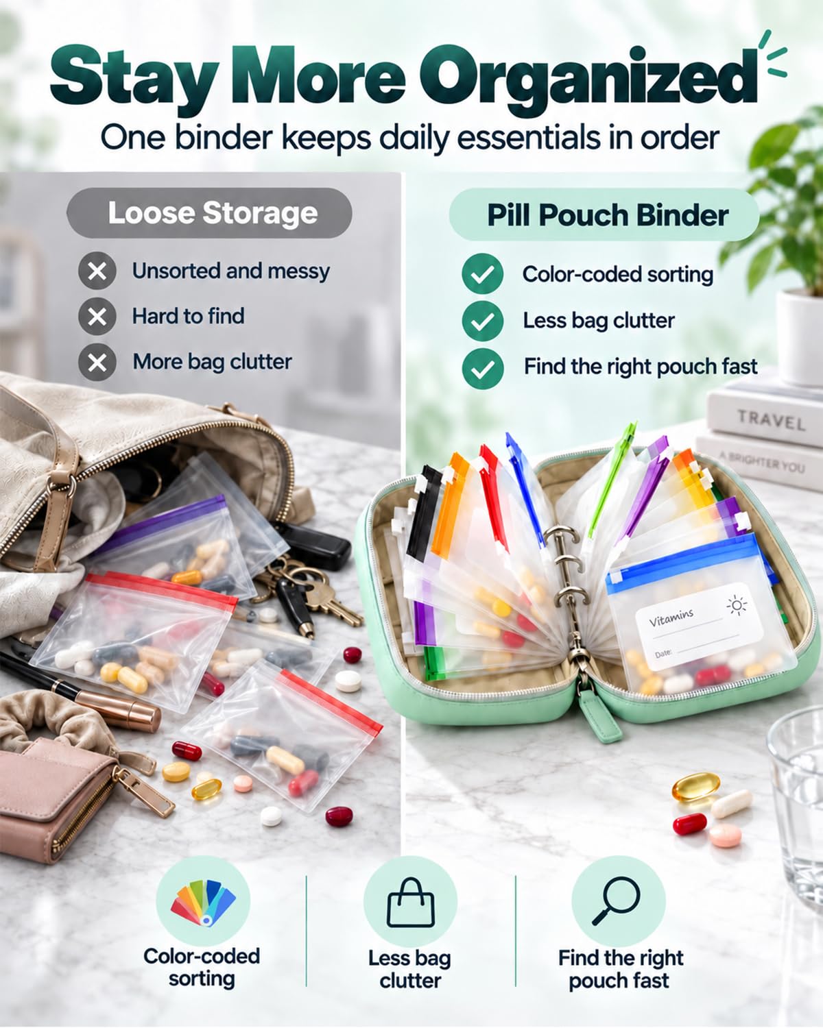 Waterproof Pill Organizer Pill Pouches for Travel 14 PCS Zippered Bags (White)