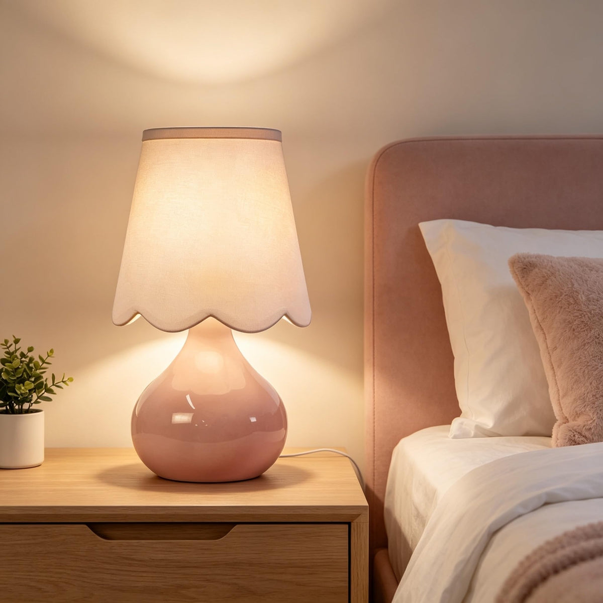 Pink Table Lamp Small Gold Bedside Lamps Dimmable Boho Bedroom Lamp with Tulip Flower Lamp Shade (Table Lamp--6)