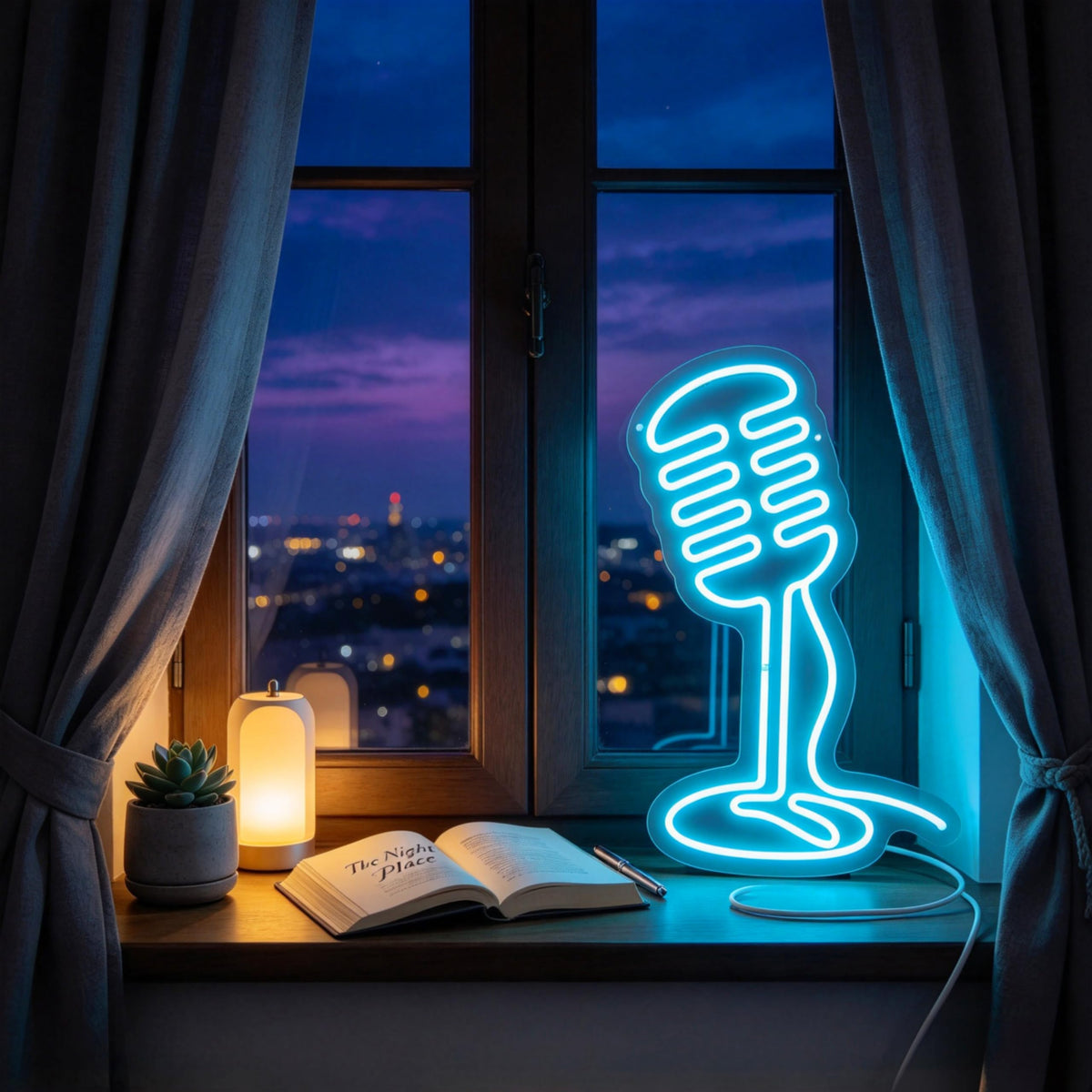 Microphone Neon Sign Podcast Music Studio Wall Accent‑Ice Blue (Microphone-Ice Blue)
