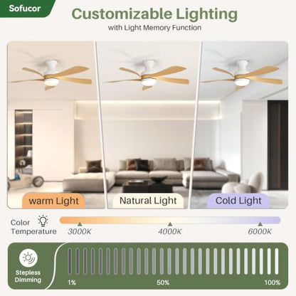 52 Inch Smart Ceiling Fans with Lights and Remote (White+Wood / 52inch Max)