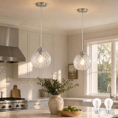 8" Nickel Globe Pendant Light 2 Pack Ribbed Glass Pendant Lights Kitchen Island Height Adjustable Mid (Nickel & Fluted Glass / 8 Inch)