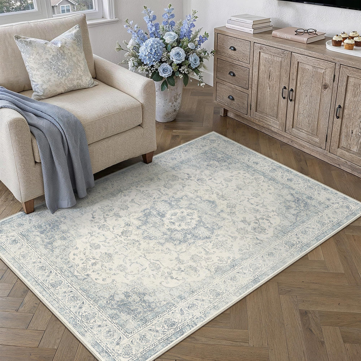 4x6 Blue Washable Area Rug Non Slip Vintage Carpet (Vintage | Blue / 4' x 6' (Rectangular))