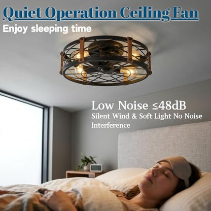 20" Black Farmhouse Caged Ceiling Fan with Light & Remote