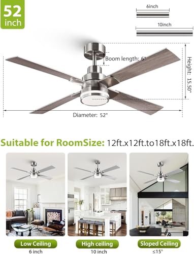 52 Inch Nickel Ceiling Fans with Lights and Remote