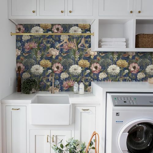 Vintage Floral Wallpaper Peel and Stick Dark Blue Floral Peel and Stick Wallpaper Boho Flower Leaf Contact Paper Bird Self