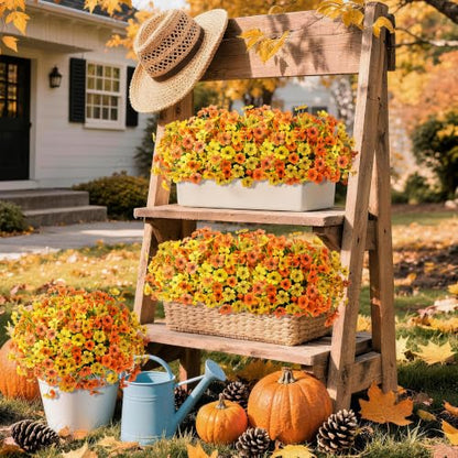24 Pcs Artificial Mums for Outdoors Planters Fake Flowers Fall Decor (Orange Yellow / 24 PCS)