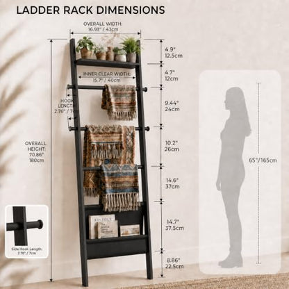 71" 4-in-1 Blanket Ladder for Living Room, 5-Tier Leaning Bamboo Decorative Towel & Quilt Rack with Magazine Leather Pocket