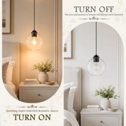 8" Globe Pendant Light 2 Pack Pendant Lights Kitchen Island Black Clear Glass Pendant Lights Height Adjustable Mid Century Modern Light Fixture for Dining Room Bedroom Foyer Bulbs Incl (Black & Clear Glass / 8 Inch)