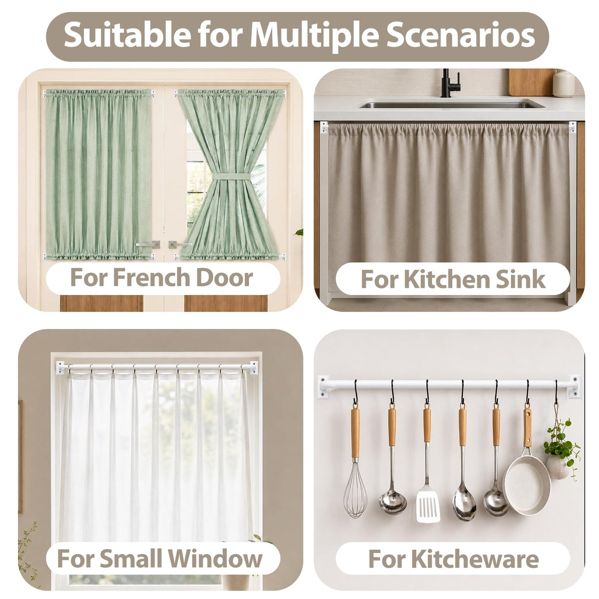 French Door Curtain Rod 2 Pack 8 to 12 Inch (White / 8-12"(2 Pack))