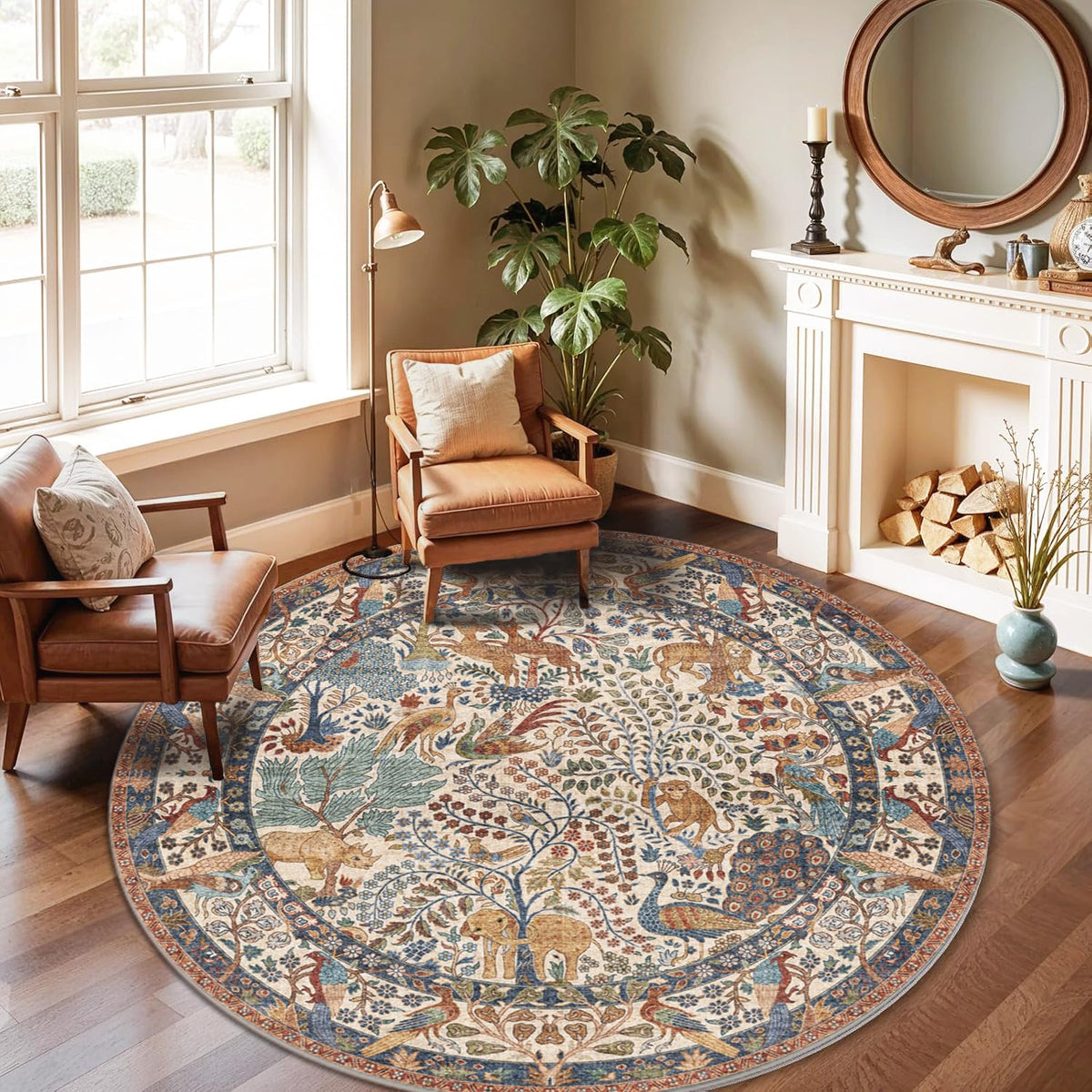 6ft Round Rug Circular Animal Print Area Rug Low Pile Indoor Rug (Beige / 6' (Round))