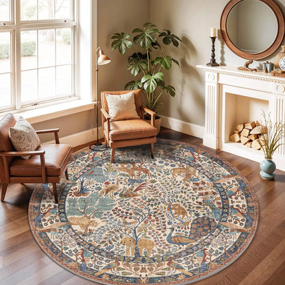 6ft Round Rug Circular Animal Print Area Rug Low Pile Indoor Rug (Beige / 6' (Round))