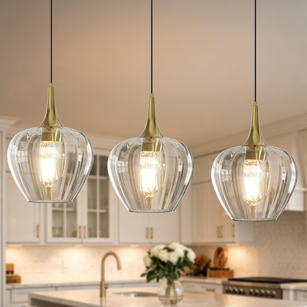 Gold Pendant Lighting for Kitchen Island (Gold & Clear Glass - 3 Pack)