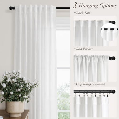 White Linen Curtains 63 Inches Long for Living Room 2 Panels (White / 52"W x 63"L (Pack of 2))