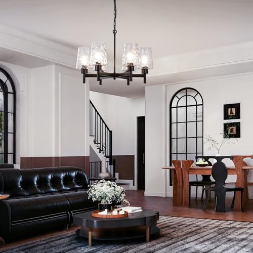 Chandelier Industrial Hanging Light Fixture with Stone Texture Glass Shades