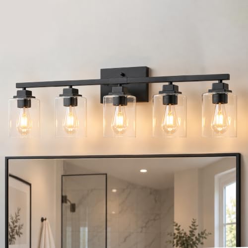 Matte Black Bathroom Light Fixtures (Black-Clear Shade / 5-Light)