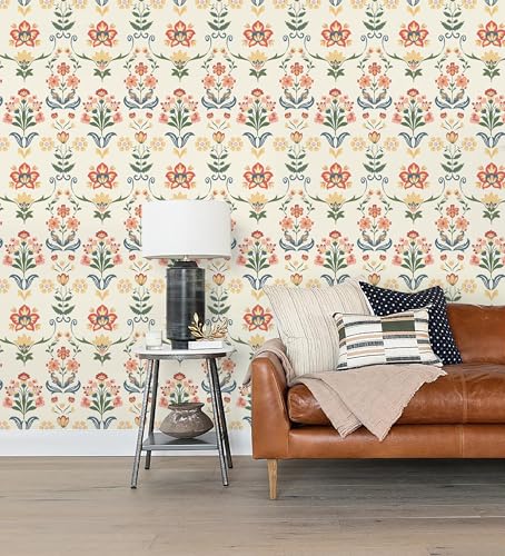 Boho Peel and Stick Wallpaper Vintage Floral Wallpaper (17.3" x 196.8" / Red/Yellow)
