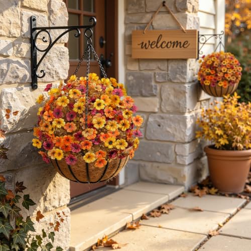 2Pcs Artificial Fall Topiary Ball Flowers for Outdoors (Orange Yellow Brown)