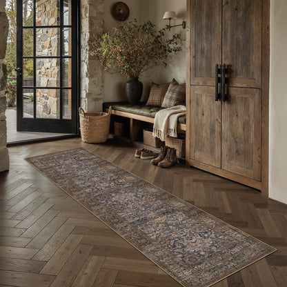 Hallway Runner Rugs 2x8 Blue Brown Vintage Rug (Retro | Blue Brown / 2' x 8' (Runner))