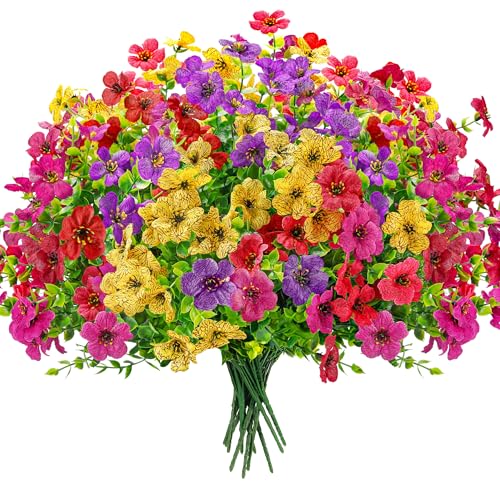 12 Bundles Artificial Flowers for Outdoors Fake Flowers Plants Spring Summer Decoration UV Resistant for Outside Home Porch Patio Garden Decor