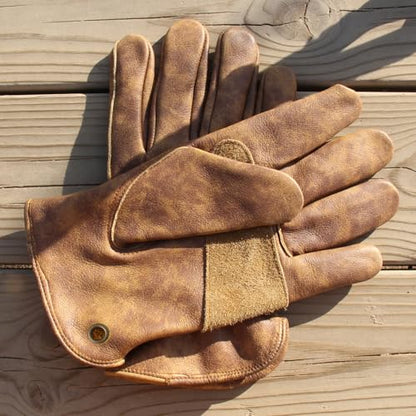 Premium Brown Retro Cowhide Leather Work Gloves Tie
