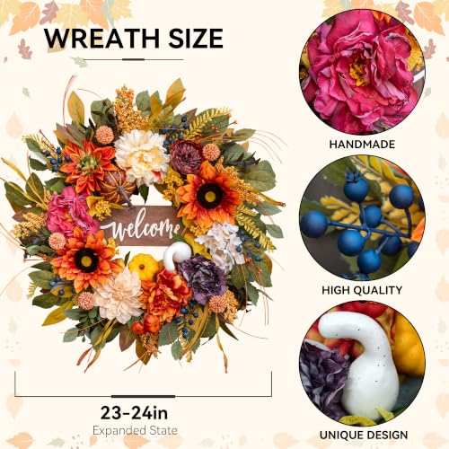 Artificial Harvest Fall Wreaths for Front Door 24 Inch Autumn Wreath (Fall Welcome Wreath)