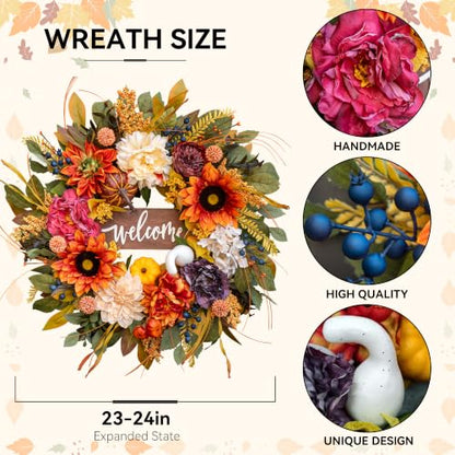 Artificial Harvest Fall Wreaths for Front Door 24 Inch Autumn Wreath (Fall Welcome Wreath)
