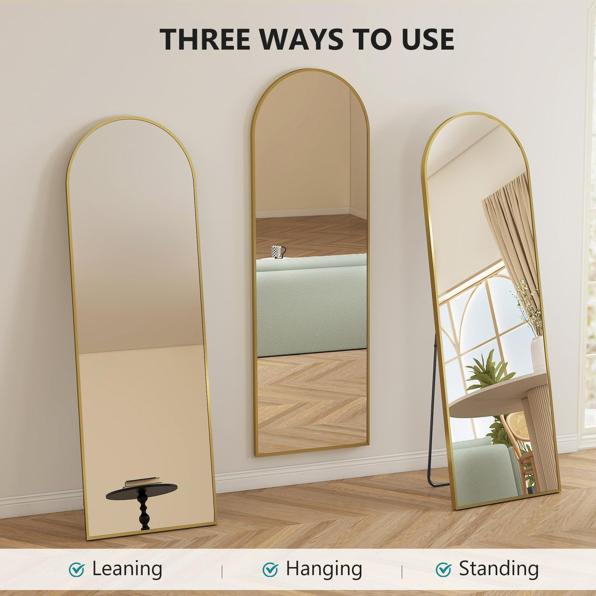 64"x21" Arched Full Length Mirror with Stand (Gold-arched / 64"L x 21"W)
