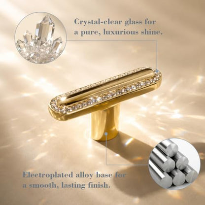 Gold T Bar Crystal Drawer Knobs for Kitchen Cabinets and Dressers