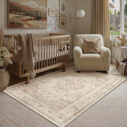 3x4 Beige Washable Area Rug Non Slip Vintage Carpet (Vintage | Beige / 3' x 4' (Rectangular))