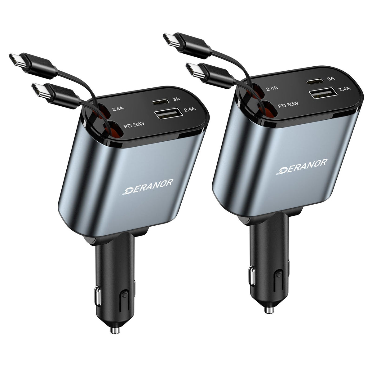 2 Pack] Retractable Car Charger 4 in 1 Fast Car Phone Charger 69W (2 Pack C + C Retractable Cords)