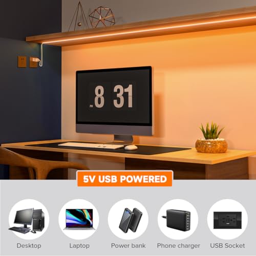 FCOB 5V USB Powered Orange Color COB LED Strip Lights for TV (Orange / 6.56FT)