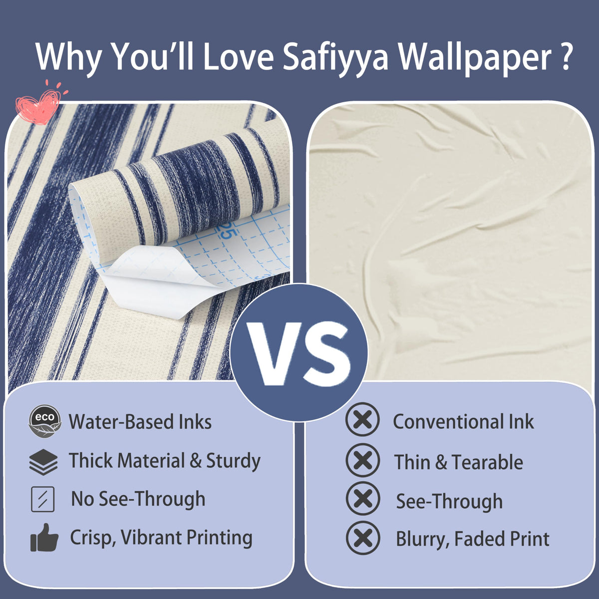 Wallpaper Peel and Stick Blue and Cream White Striped 17.3"x393" Vintage Hand (Blue and Cream White / 17.3" x 393")