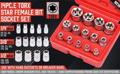 14-Piece E-TORX Socket Set - Premium Female Torx Socket Set, Ultimate Torque Star Sockets, External Torx Sockets, E4 E5 E6 E7 E8 E10 E11 E12 E14 E16 E18 E20 E22 E24 (14-Piece E-Torx - (E4-E24))