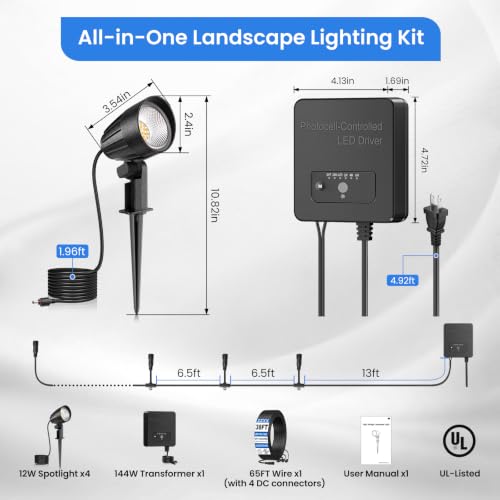 Low Voltage Landscape Lighting Kit 12W Plug & Play Outdoor Spotlight