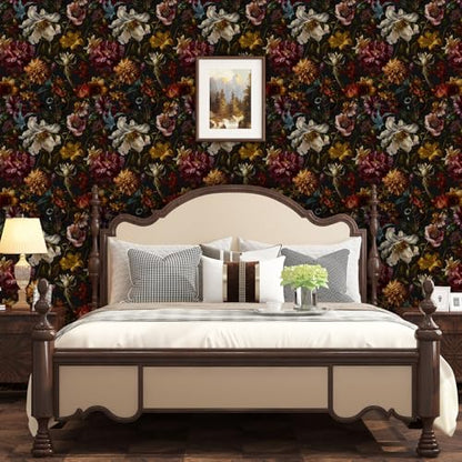 Vintage Black Boho Goth Floral Peel and Stick Wallpaper 17.4"x78.8" (Black/Dark Yellow / 17.4" x 78.8")