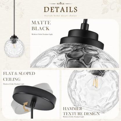 6" Modern Pendant Lights Kitchen Island Black Mid Century Modern Pendant Light Fixtures with Clear Glass Globe 2 Pack Modern Hanging Pendant Light for Bathroom Dining Room （Bulb Incl.） (Black & Hammered Glass / 6 Inch)