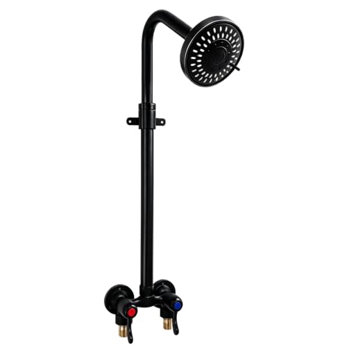 Outdoor Shower Kit Dual Handle Extendable Exposed Pipe Outdoor Shower Fixtures System with ABS 5 Spray Mode Settings Showerhead Solid Brass 4 Inch Center Mix Valve