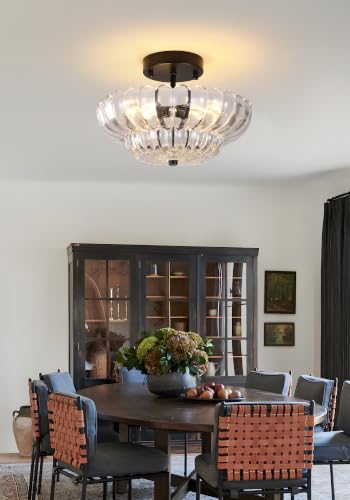 Vintage Black Close to Ceiling Light Fixture with Glass Shade
