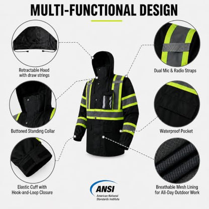 Rain Jacket Men Hi Vis Rain Coats Reflective Raincoat High Visibility Work Suits for Men Women Waterproof （RS250 (X-Large / Black)