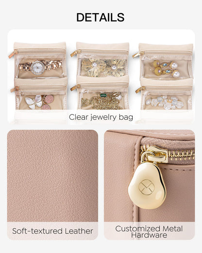 Jewelry Boxes for Women with 6 Clear Velvet Zipper Pouches (B.6 PCS Khaki)