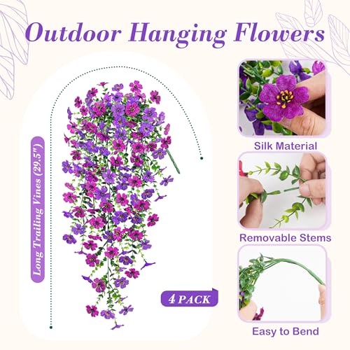 4Pcs Artificial Flowers for Outdoors 29.5'' Faux Hanging Flowers for Outdoor Planters (Lavender / Deep Purple)