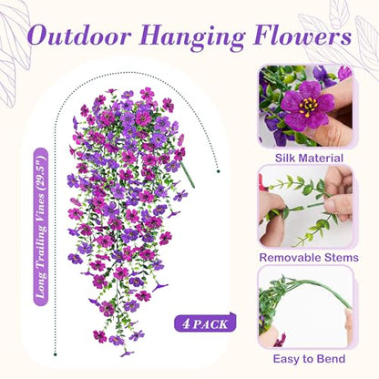 4Pcs Artificial Flowers for Outdoors 29.5'' Faux Hanging Flowers for Outdoor Planters (Lavender / Deep Purple)