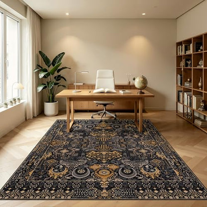 Washable Area Rug 5×7 for Living Room (Black and Gold / 5' x 7' (Rectangular))