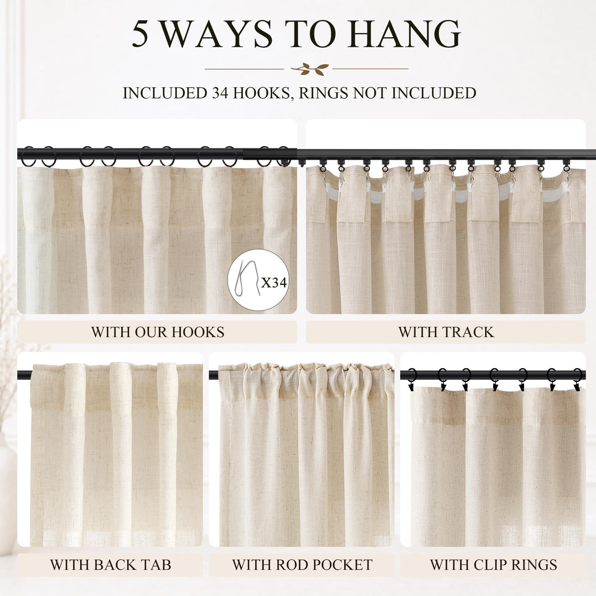 Cream Linen Curtains 105 Inches Long 2 Panels Drapes for Living Room (Linen / 50"W x 105"L (Pack of 2))