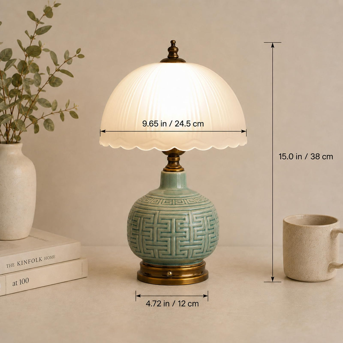 16" Vintage Green Ceramic Table Lamp (Green Ceramic + White Shade（Chinese）)